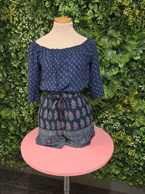 Anthropologie Navy & Teal Floral Off-Shoulder Romper with Drawstring